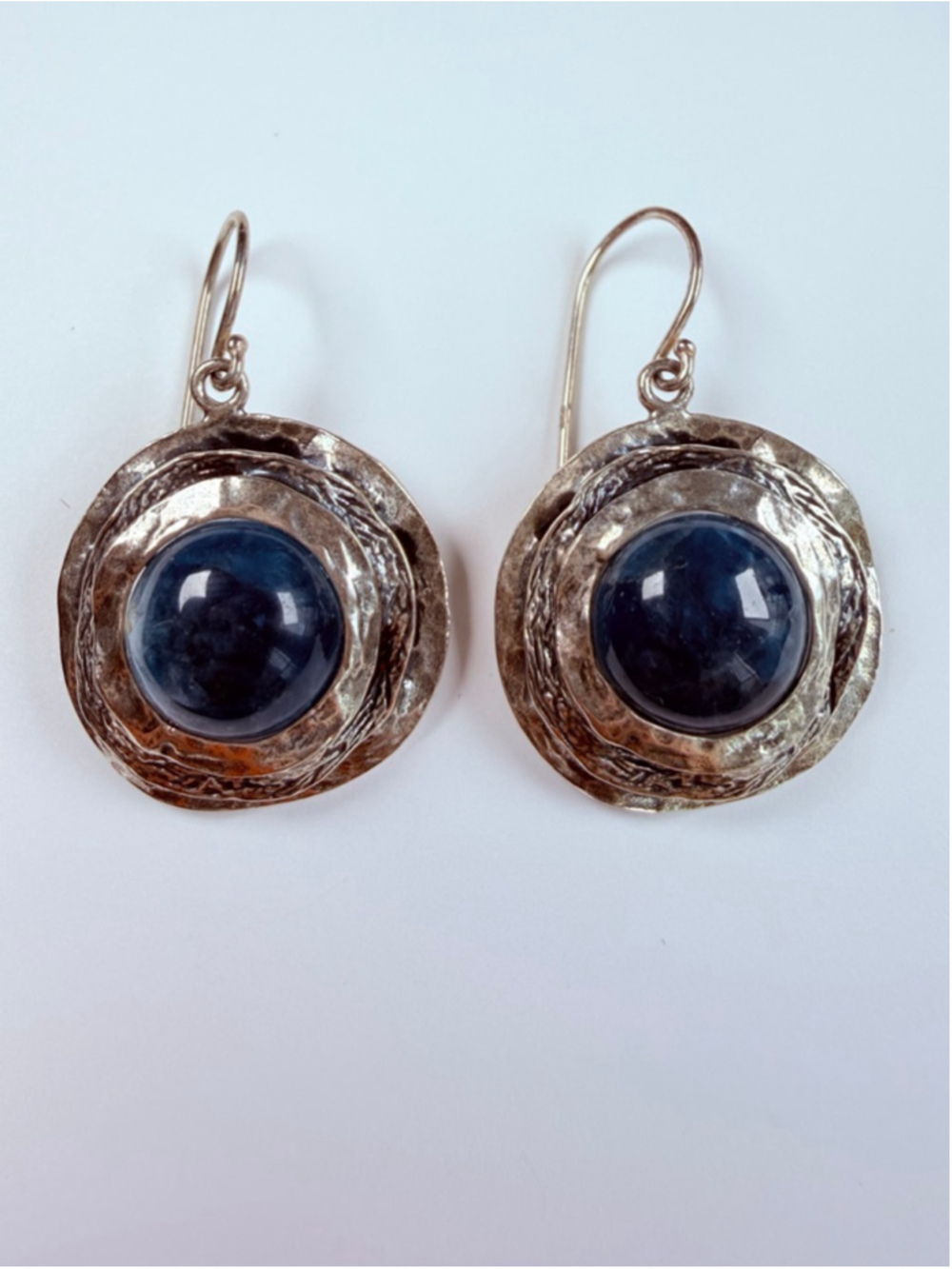 OR PAZ Kyanite Gemstone Circular Textured Domed 925 Sterling Silver Earrings